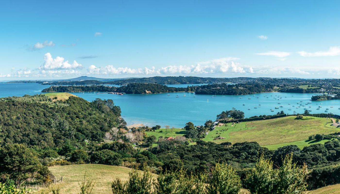 Panoramic views of Hauraki Gulf from front of the Lodge